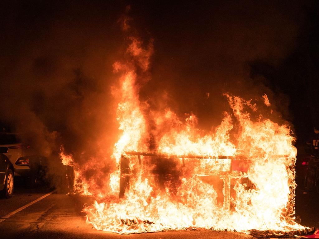 A sofa set on fire by protesters in West Philadelphia. Picture: Gabriella Audi/AFP