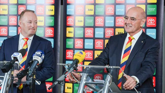 Former South Australian Premier John Olsen (right) will take over as Chairman of the Adelaide Football Club from Rob Chapman (left). Picture: Brenton Edwards