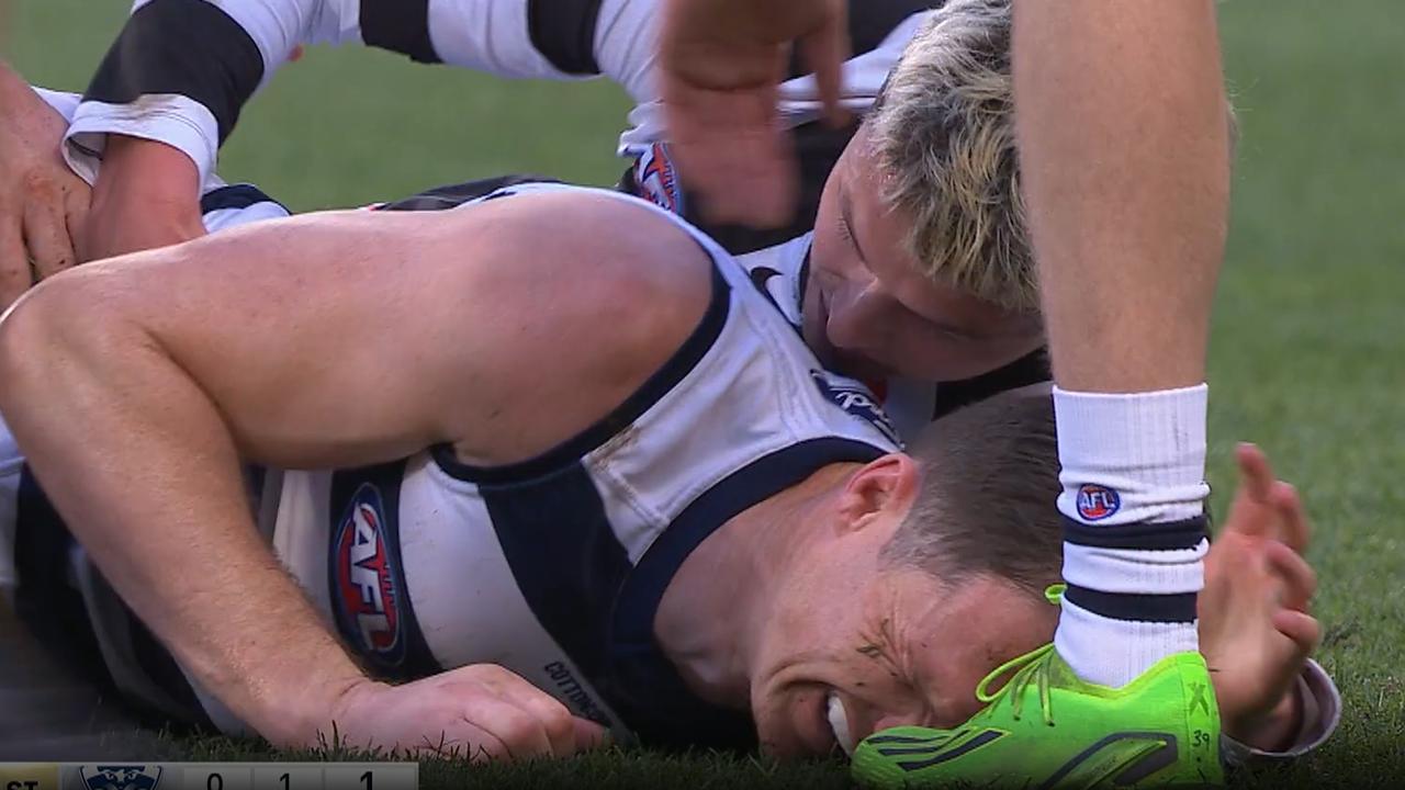 Patrick Dangerfield getting tackled by Jack Ginnivan. Picture: Supplied