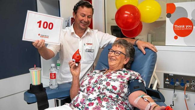 100 bloodbank donations by May Whiley-Jones pictured with Mitch Brady from the Coffs Harbour Bloodbank. Picture: TREVOR VEALE