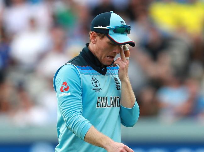 LONDON, ENGLAND - JUNE 25:  Eoin Morgan, the England captain, looks dejected during their defeat in the Group Stage match of the ICC Cricket World Cup 2019 between England and Australia at Lords on June 25, 2019 in London, England. (Photo by David Rogers/Getty Images)