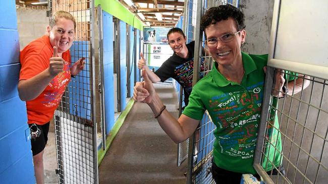 SHELTER CLEARED: Bundaberg RSPCA staff members Donna Wolgast, Nicole Murgatroyd and Monica Atwell celebrate the successful clearance sale of cats and dogs. Picture: Mike Knott BUN250219RSPCA1