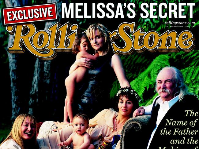 Family ... Melissa Etheridge, rear, holds her daughter Bailey, then three, with (from left) Jan Crosby, Beckett, 1, then-partner Julie Cypher, and David Crosby.  Etheridge revealed in a press release that Crosby is the biological father of the children.