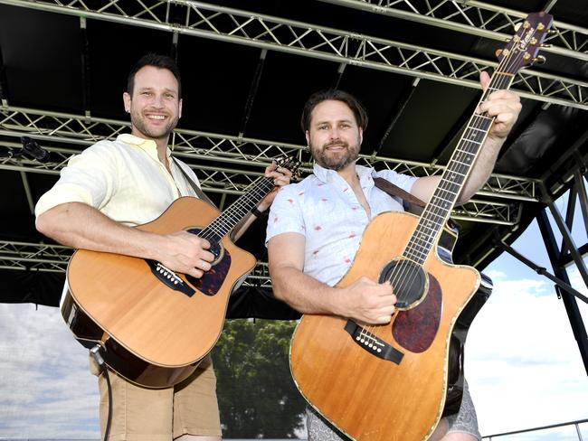 Ladbrokes Sale Cup. Racegoers are pictured attending Cup Day horse races at Sale Turf Club, Sunday 27th October 2024. Musicians Sam ludeman and Sam Russell from the band “Sam + Sam”. Picture: Andrew Batsch