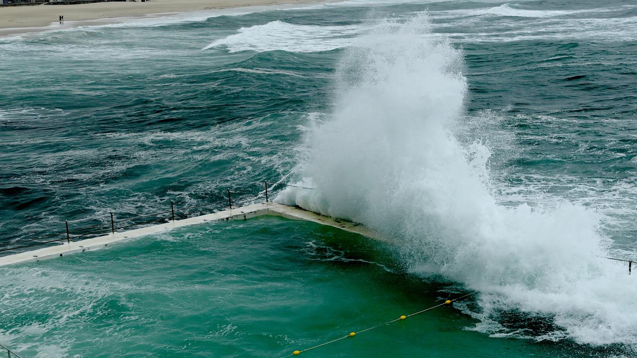 Large waves crash across Bondi’s Icebergs pool as the NSW coast continues to be inundated by wet weather and threatened with more floodwaters. Picture: NCA NewsWire/Jeremy Piper