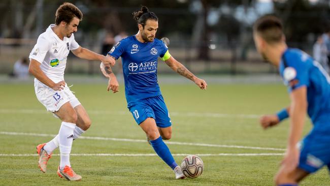 Adelaide Olympic captain Ricardo Da Silva scored his side’s second goal in the impressive victory over Adelaide Comets. Picture: Adam Butler