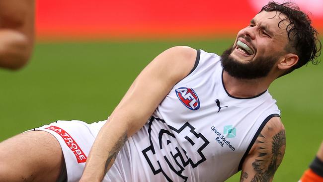 Carlton's Zac Williams goes down injured against the Giants. Picture: Phil Hillyard