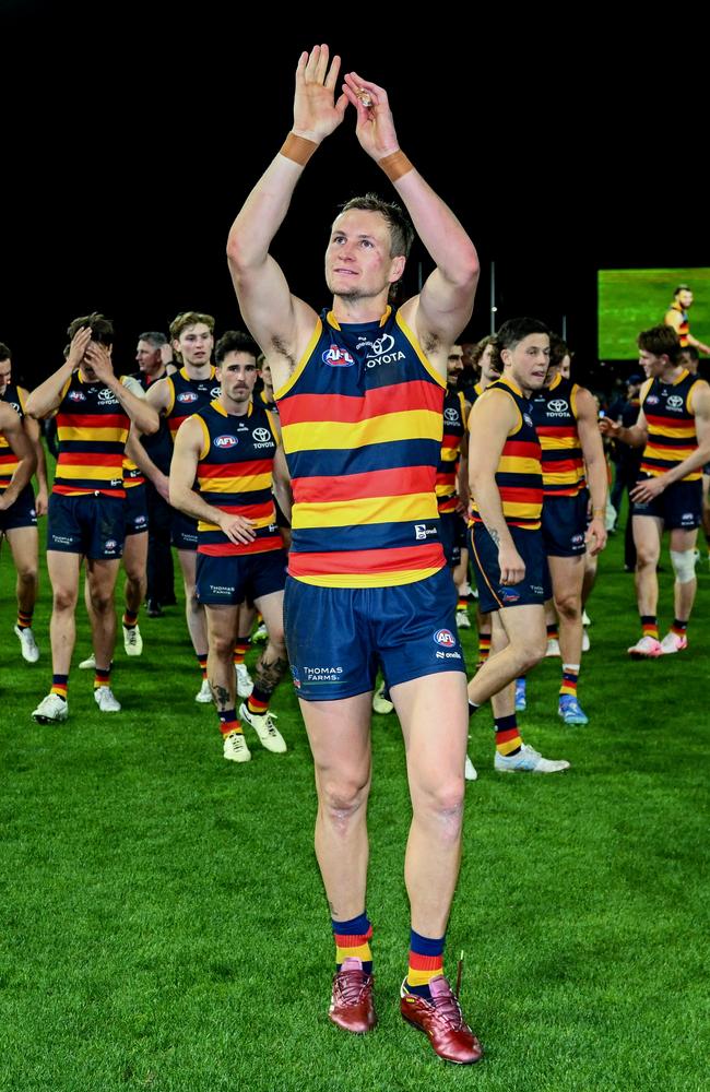 Jordan Dawson leads his side off the ground after Sunday’s win. Picture: Mark Brake/Getty Images