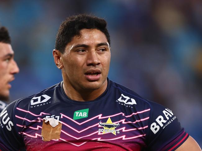 GOLD COAST, AUSTRALIA - JULY 30: Jason Taumalolo of the Cowboys looks on during the round 22 NRL match between Gold Coast Titans and North Queensland Cowboys at Cbus Super Stadium on July 30, 2023 in Gold Coast, Australia. (Photo by Chris Hyde/Getty Images)