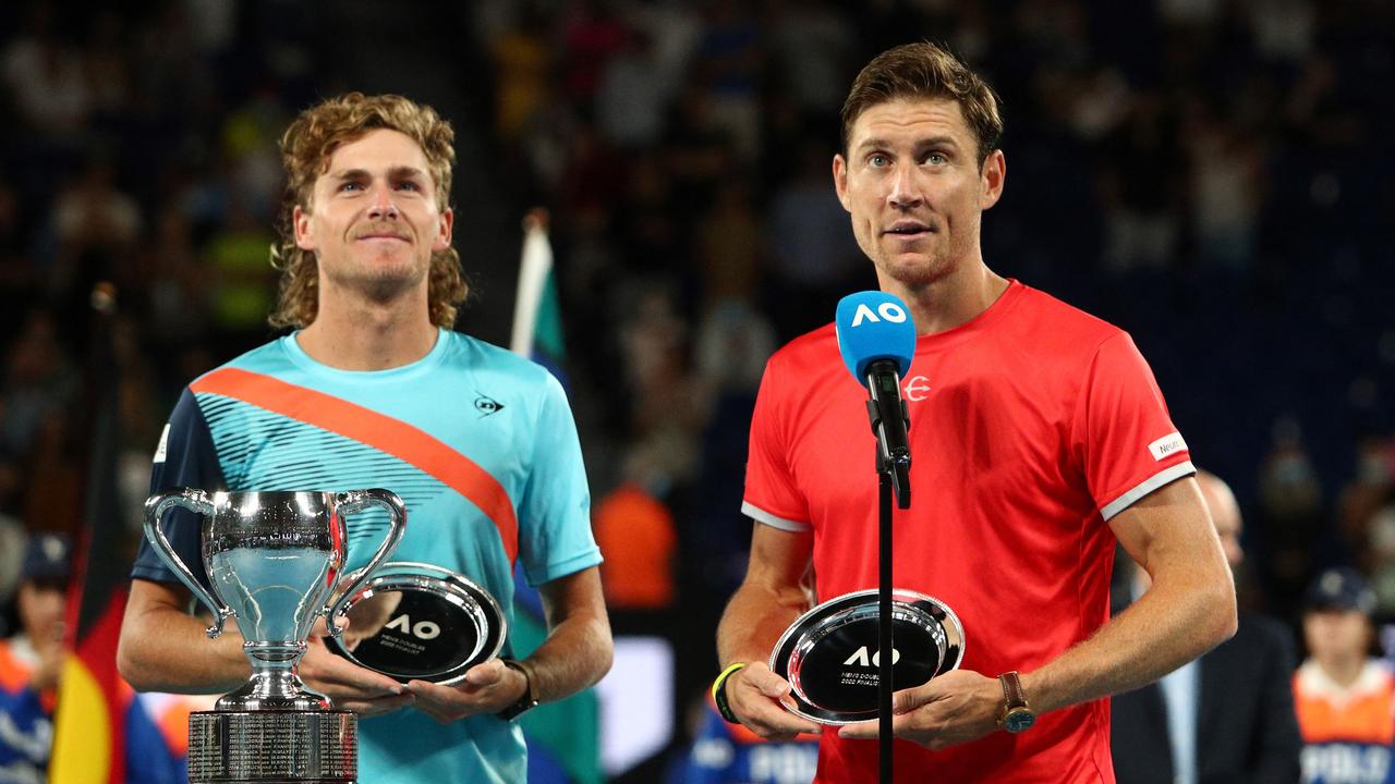 Max Purcell, pictured left with Matt Ebden after the Australian Open doubles final, is caught in a feud with Nick Kyrgios. Picture: AFP