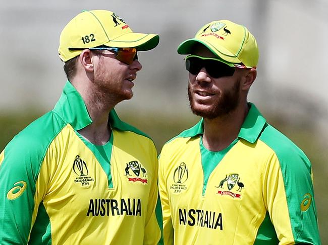 ONE TIME WEB USE ONLY - FEE APPLIES FOR REUSE -  Mandatory Credit: Photo by James Marsh/BPI/REX/Shutterstock (10243314bh) Steve Smith and David Warner of Australia speak. West Indies v Australia, ICC Cricket World Cup 2019 Warm Up Match, Cricket, The Hampshire Bowl, Southampton, UK - 22 May 2019  Picture: James Marsh/BPI/REX/Shutterstock