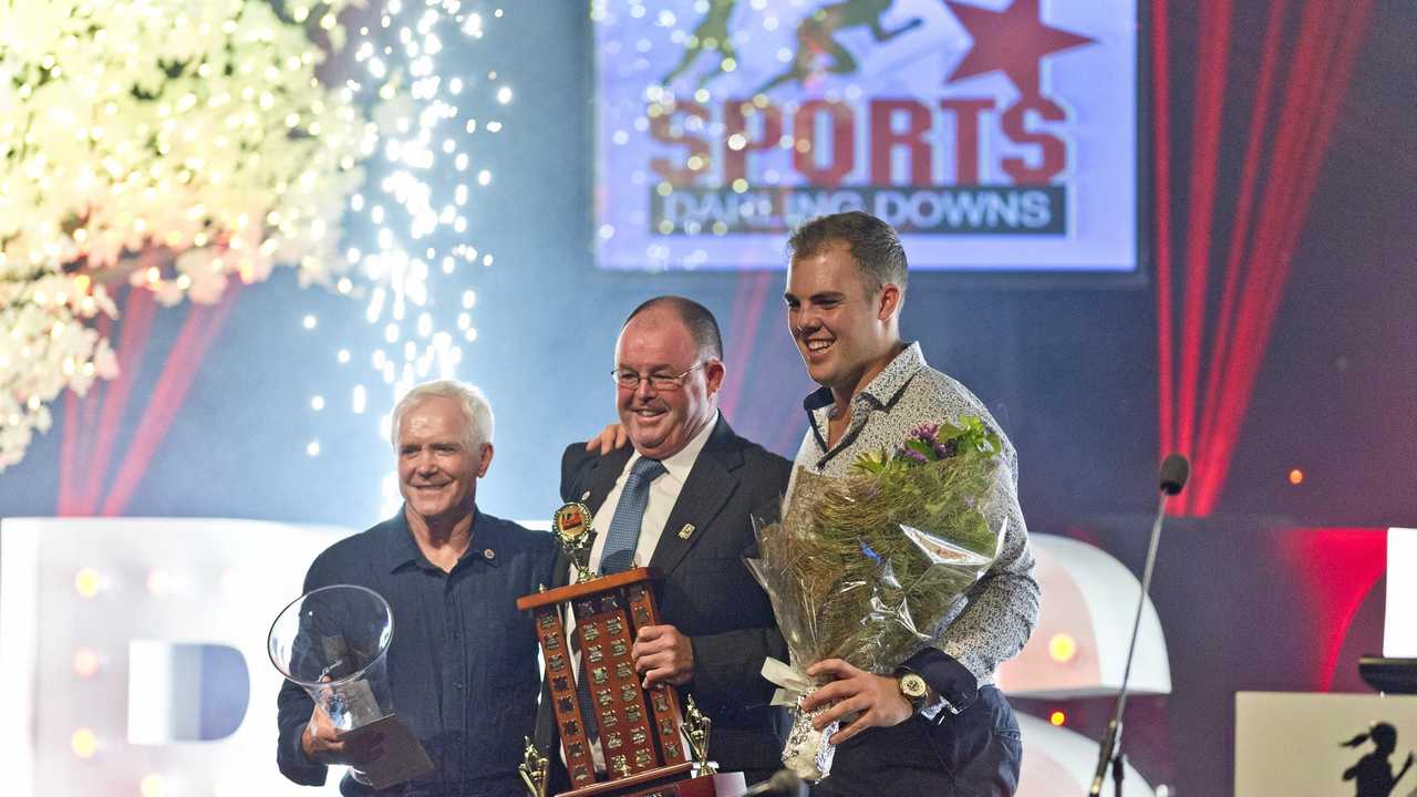 BIG WIN: 2018 Sports Darling Downs Senior Sports Star of the Year winner Matthew Denny (right) is congratulated by award sponsors (from left) Kevin Say (Toowoomba Tile Warehouse) and Paul Reedy (K&amp;R Plumbing). Picture: Kevin Farmer