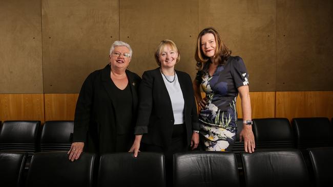 Judge Amanda Chambers (centre) with Magistrate Anne Goldsbrough (left) and Judge Andrea Tsalamandris (right). Picture: Nicole Cleary