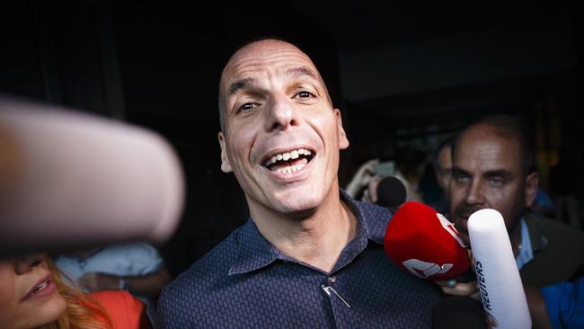 Greek Finance Minister Yanis Varoufakis speaks to assembled media.