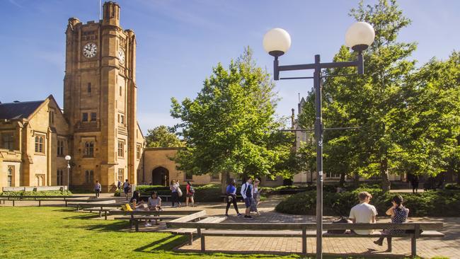 Students around the South Lawn of Melbourne University.