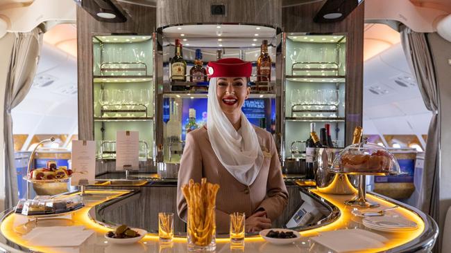 The bar in the business class lounge of an Airbus SE A380-800 aircraft operated by Emirates. Picture: Getty Images