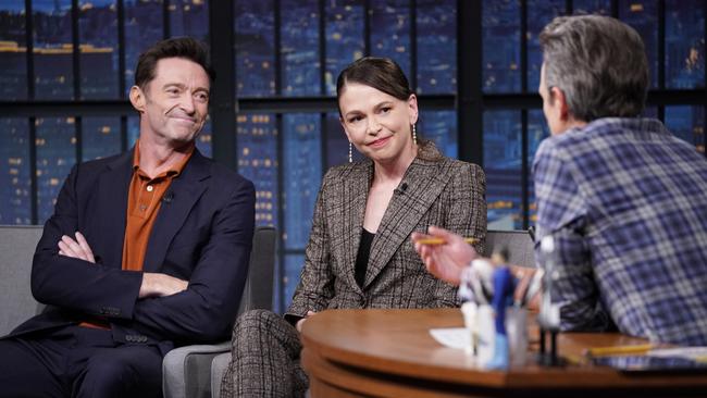 Hugh and Sutton do a joint talk show appearance in 2022. Picture: Getty