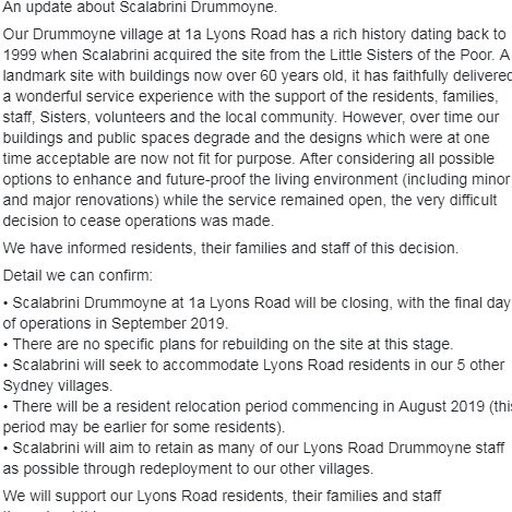 Scalabrini Drummoyne closure post on Facebook.