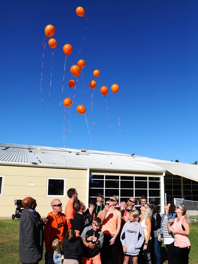 Family and friends release 13 balloons at Bernie Mullane Complex to remember Blake Tickell. Picture: Angelo Velardo