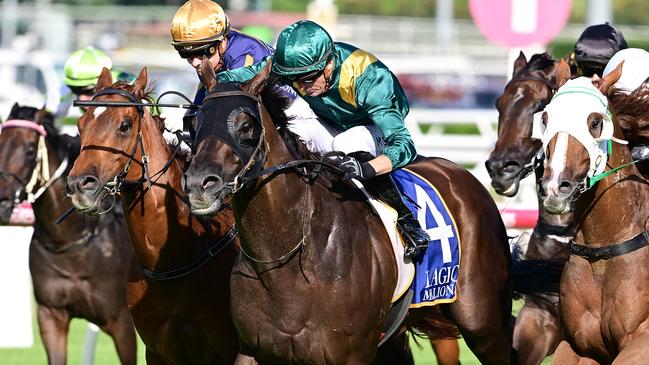 Martin Harley steers Cannonball to a blowout win in the Listed Falvelon for trainer Tony Gollan. Picture: Grant Peters - Trackside Photography