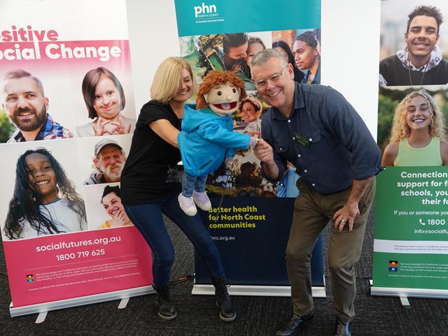 Play therapist Lisa Wilson, Jack the Flood Puppet, and Federal Minister for Emergency Management, Murray Watt at the launch of the government's $10 million Resilient Kids program.