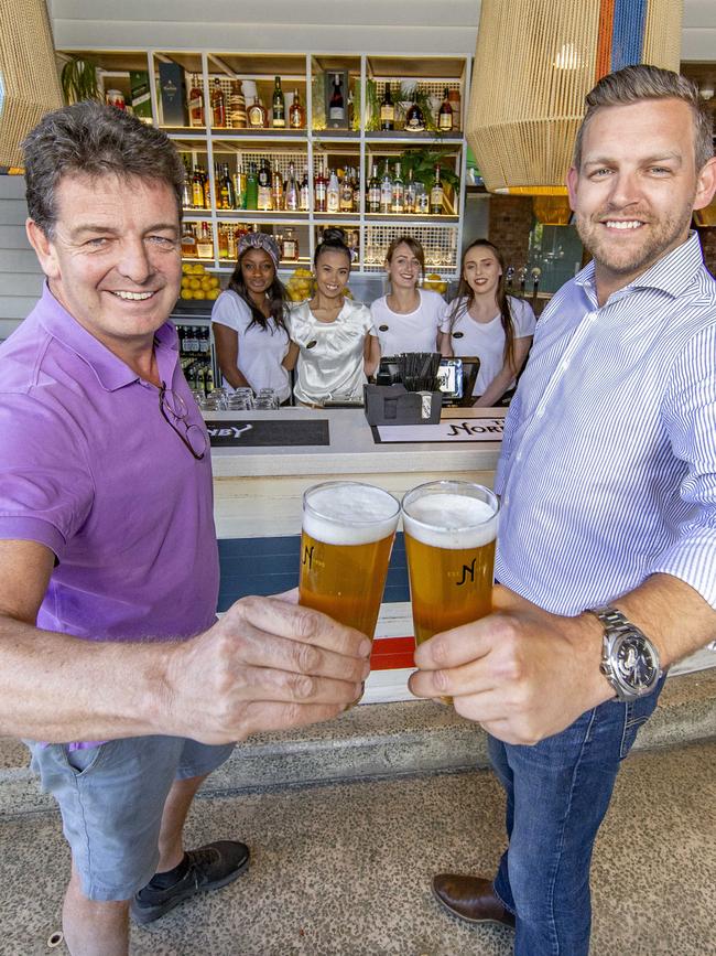 Pelathon Management Group managing director Jaz Mooney and the Winchestor Group’s Shaun Dunleavy celebrate the $3 million refurbishment of the Normanby Hotel. Picture: Richard Walker/AAP