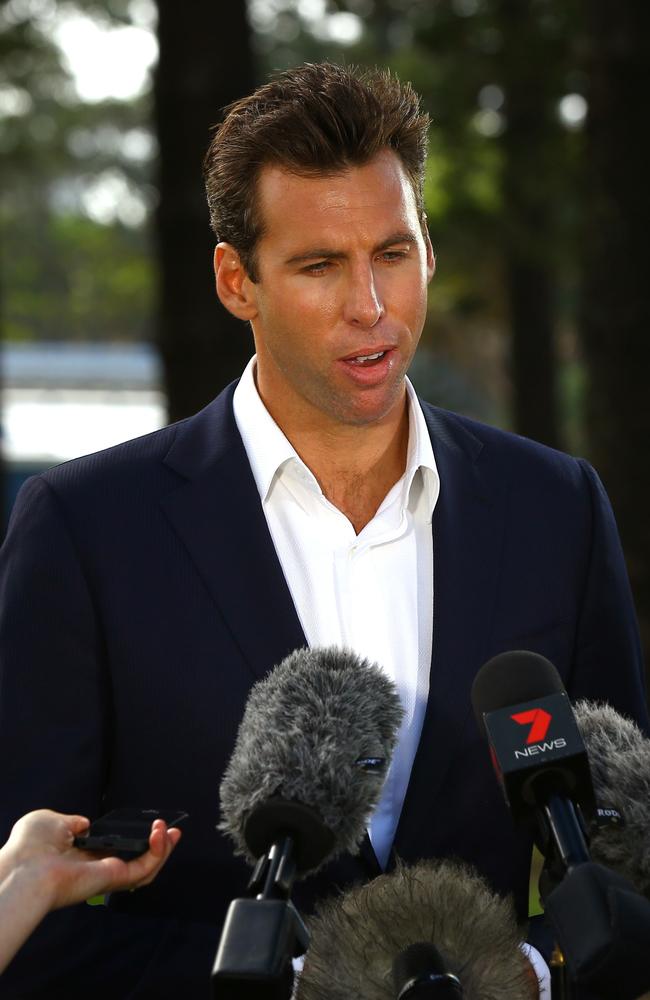 Former olympian Grant Hackett addresses the media at Broadbeach in 2016 to speak about the  on a flight from Adelaide to Melbourne Picture: David Clark