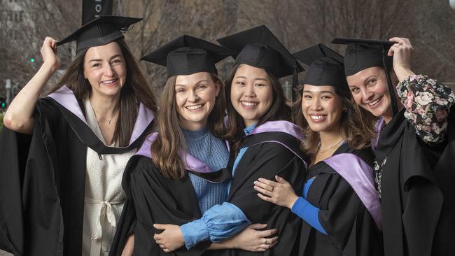 UTAS Graduation at the Hotel Grand Chancellor Hobart, Sarah Purton, Roisin Thomson, Wonny Kim, Vivian Nguyen and Jenny Atkins all of Hobart. Picture: Chris Kidd