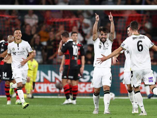 SYDNEY, AUSTRALIA - DECEMBER 30: Benat of Macarthur FC celebrates scoring a goal with team mates during the A-League match between the Western Sydney Wanderers and Macarthur FC at Bankwest Stadium, on December 30, 2020, in Sydney, Australia. (Photo by Brendon Thorne/Getty Images)
