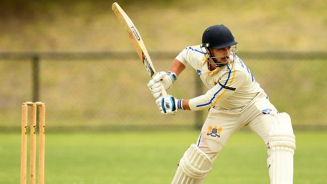 James Bartholomeusz of Ormond goes driving on Saturday. He made 49 in his side’s win over Moorabbin. Picture: Josh Chadwick