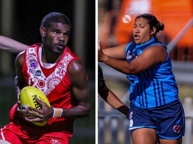 Federal's Shane Inkamala and Rovers Delsey Campbell in Round 1 of the 2024 CAFL season. Picture: Charlie Lowson / AFLNT Media