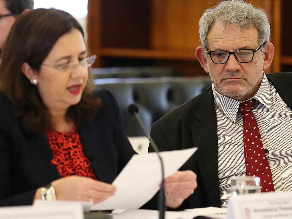 Former chief of staff David Barbagallo (right) looks on as Queensland Premier Annastacia Palaszczuk speaks during an estimate hearings at Queensland parliament in Brisbane. He last worked for the Premier in October last year. Picture: Jono Searle