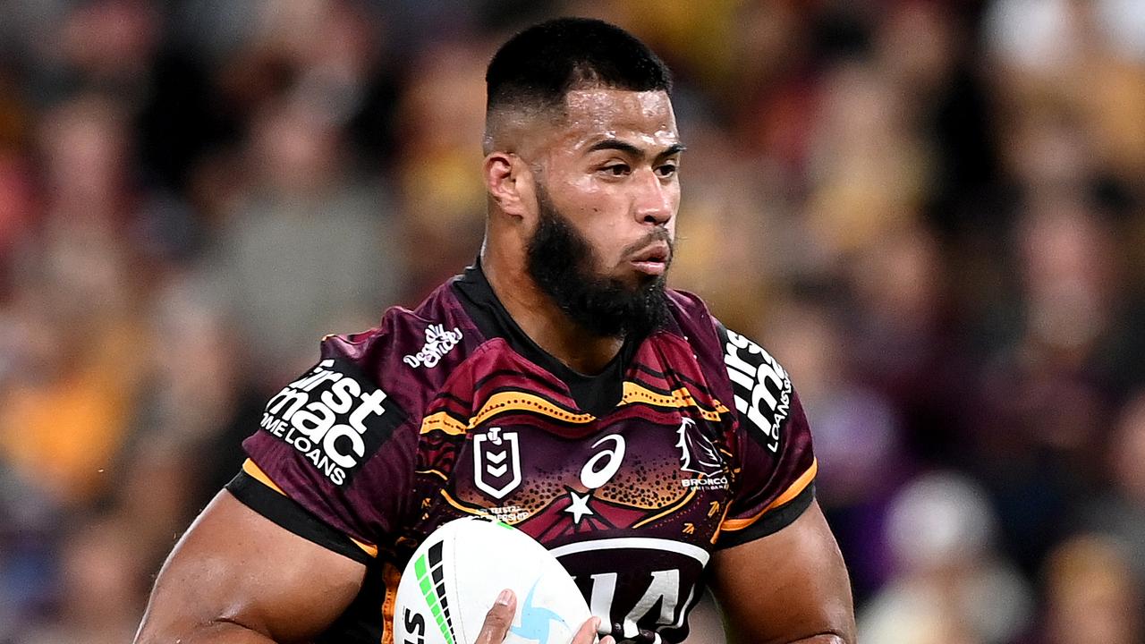 Payne Haas suffered a knee injury in Brisbane’s cmatch against Melbourne. Picture: Bradley Kanaris/Getty Images