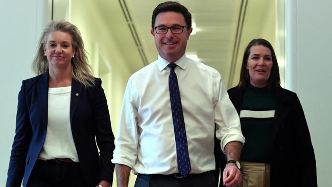 Nationals Senate Leader Bridget McKenzie, left, party leader David Littleproud and deputy leader Perin Davey in Parliament House in Canberra on Monday. Picture: AAP