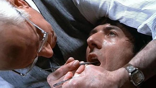  Actor Dustin Hoffman with Laurence Olivier in scene from film 'Marathon Man'. 