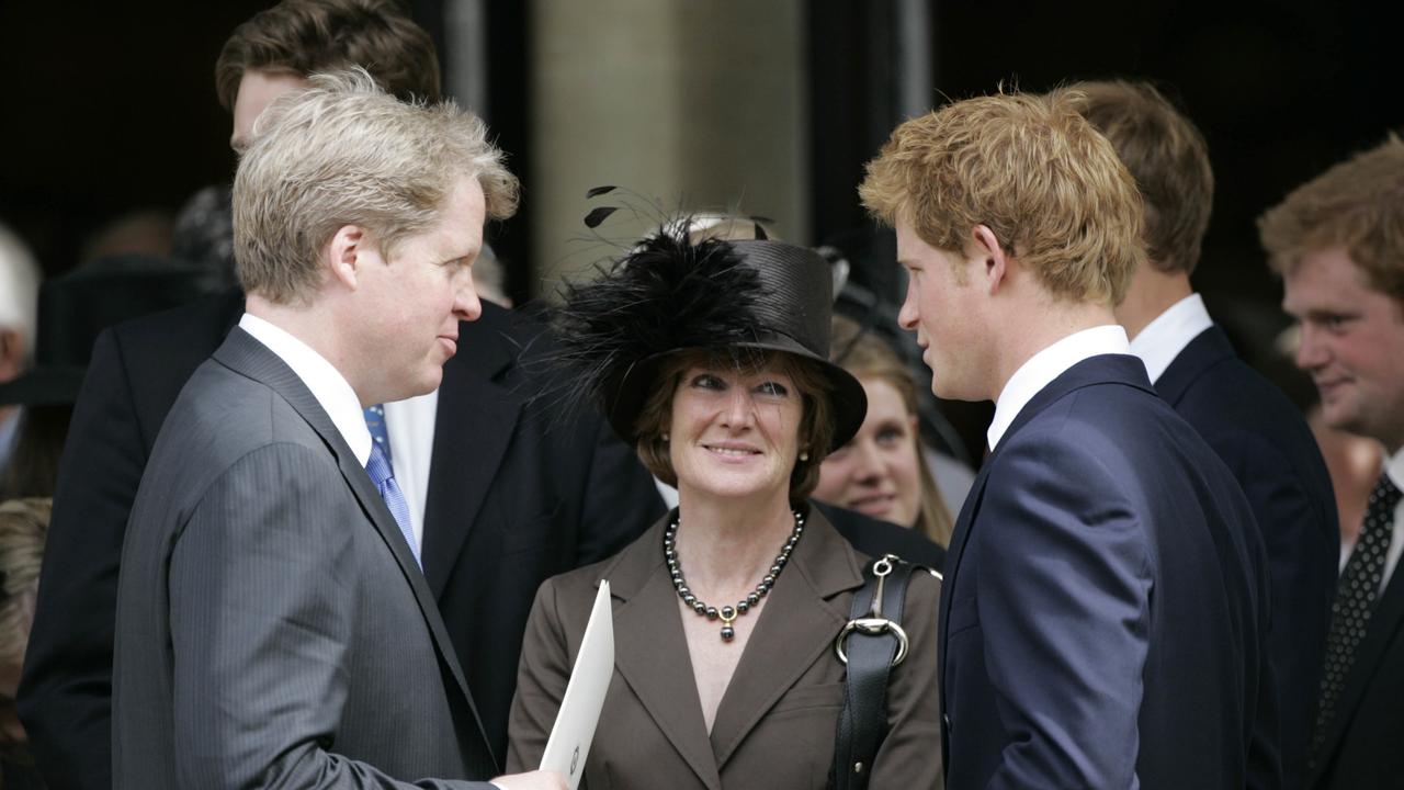 Prince Harry chats to Earl Spencer and Lady Sarah McCorquodale after the Service to celebrate the life of his mum in 2007.