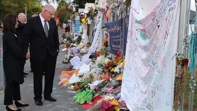 Scott Morrison and his wife Jenny visits the Al Noor Mosque. Picture: Adam Taylor.