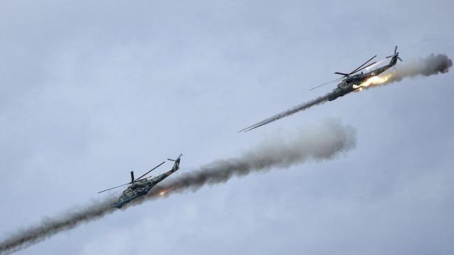 Helicopters during joint exercises of the armed forces of Russia and Belarus. Picture: Ministry of Defence Republic of Belarus/AFP