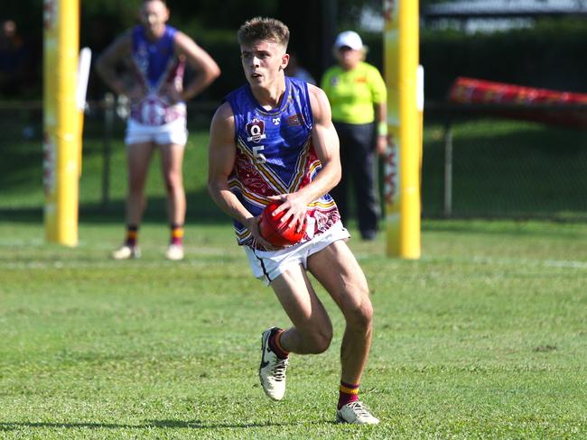 Pictured (l-r): Lions midfielder Beau Flint. Cairns City Lions v Cairns Saints at Griffiths Park. AFL Cairns 2024. Photo: Gyan-Reece Rocha