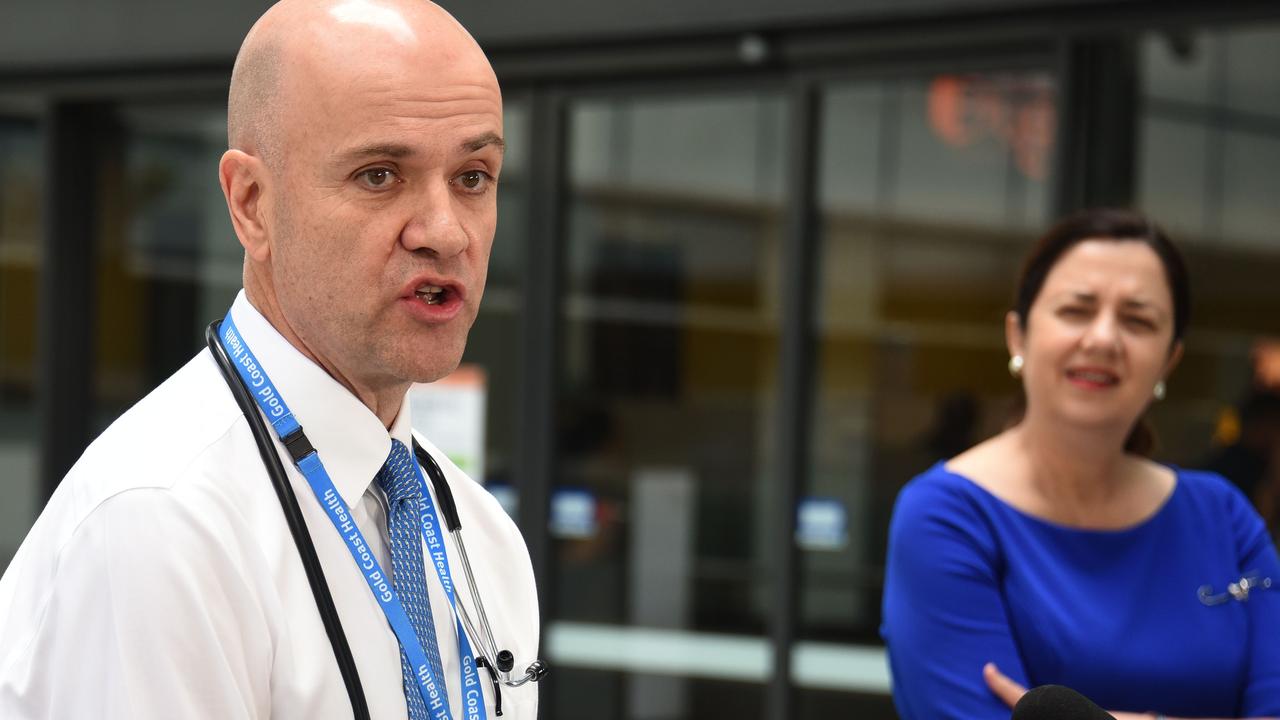 Premier Annastacia Palaszczuk and Gold Coast Director of Infectious Diseases Dr John Gerrard make an announcement regarding the vaccine rollout at Gold Coast University Hospital. Picture: NCA NewsWire / Steve Holland