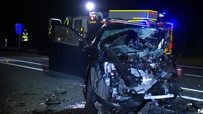 The wreckage left after a head-on crash on the Bruce Highway at Gregory River on May 1, 2022. Picture: Channel 7 Mackay