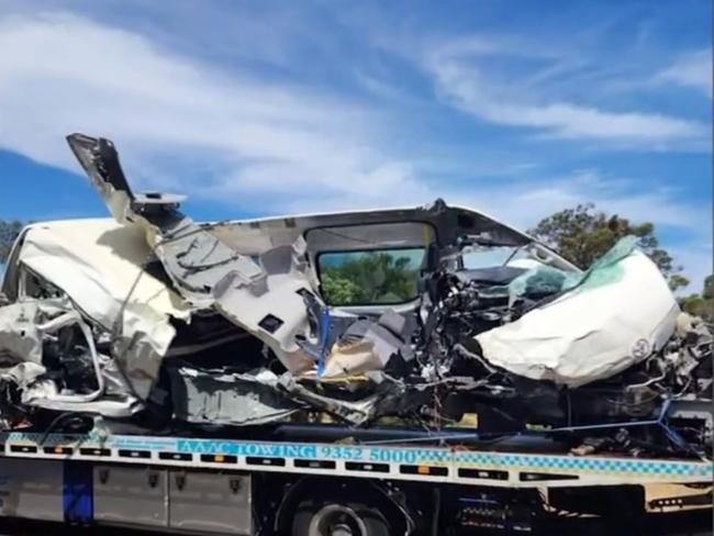 A woman has been flown to hospital with serious injuries and two others have been freed from their vehicle in a shocking crash in Perth’s southeast. A truck and people-mover (pictured) collided on Thomas Rd about 11am on Monday. Pictures from the scene showed just how destructive the incident was, with a truck on its side and boxes of fruit strewn across the road. Picture: Nine News