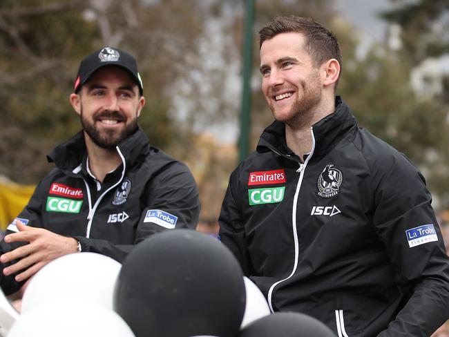 Jeremy Howe, right, with Steele Sidebottom during the 2018 AFL Grand Final Parade. Picture: Scott Barbour/Getty