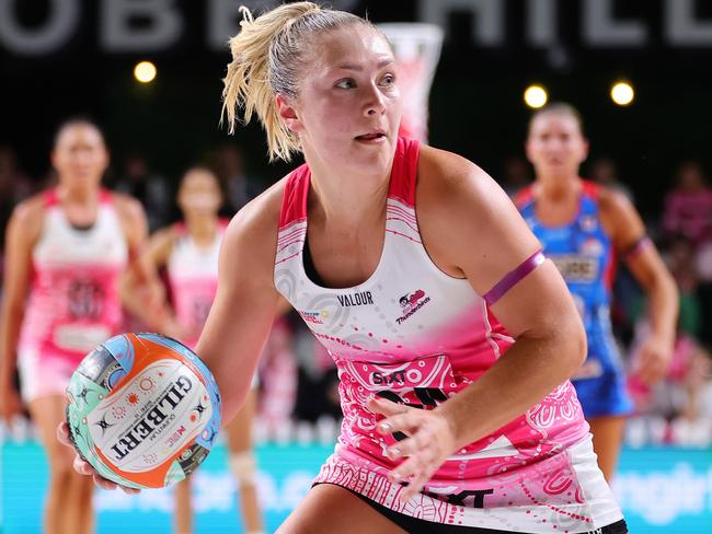 ADELAIDE, AUSTRALIA - MAY 25: Georgie Horjus of the Adelaide Thunderbirds during the round seven Super Netball match between Adelaide Thunderbirds and NSW Swifts at Adelaide Entertainment Centre, on May 25, 2024, in Adelaide, Australia. (Photo by Sarah Reed/Getty Images)