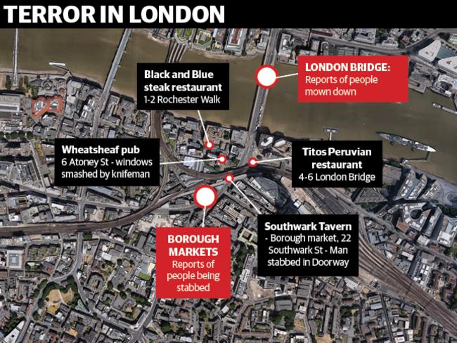 The area around London Bridge and the Borough Markets where the attacks took place.