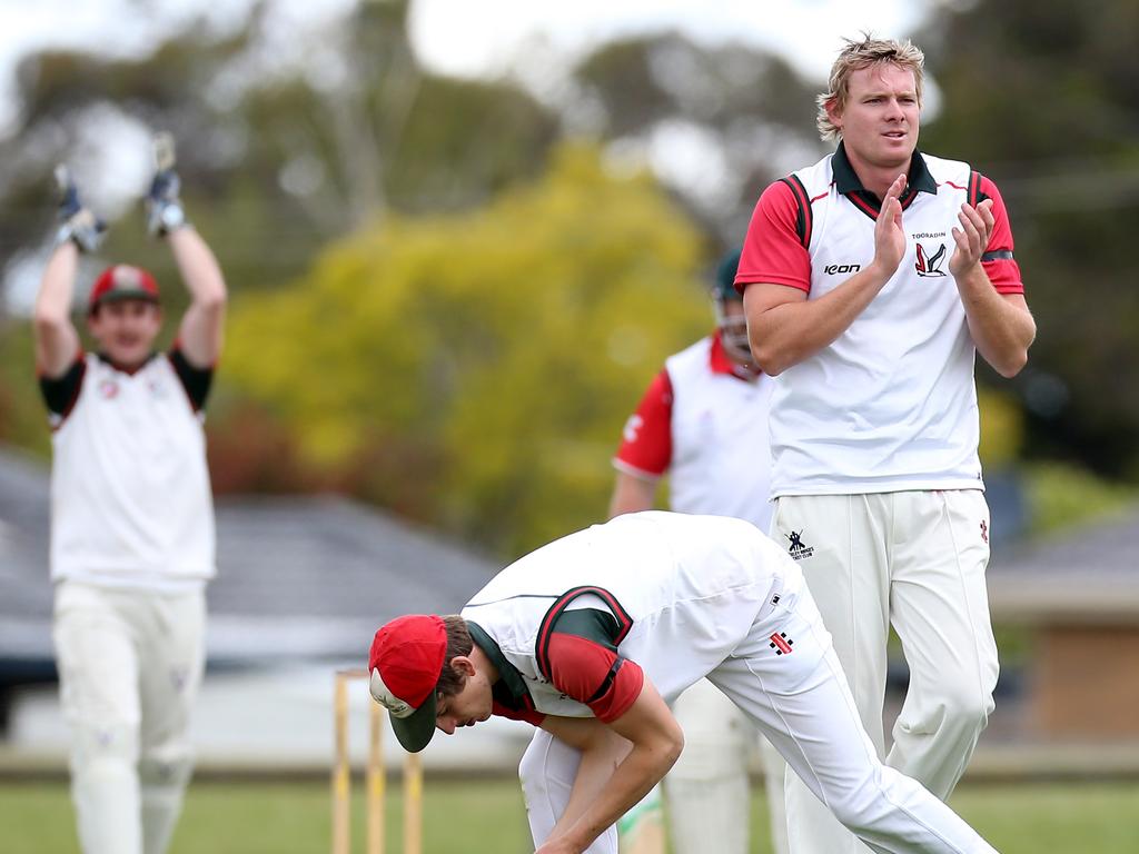 West Gippsland Cricket: Merinda Park Cobras v Tooradin, at Donnelly Reserve, Cranburne, Merinda Park  Dylan Cuthbertson  batting, Tooradin Cal O'Hare -  bowling, Tom Hussey - keeper, captain,  Picture Yuri Kouzmin