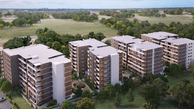 An artist impression of the $70m development of four eight-storey residential towers at 38 Cudgegong Road Rouse Hill. Picture: Zhinar Architects