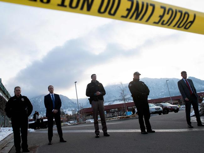 Law enforcement officials wait to address the media after a mass shooting at the King Soopers grocery store in Boulder, Colorado. Picture: AFP