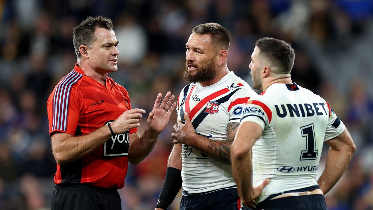 SYDNEY, AUSTRALIA - JUNE 15: Referee Chris Butler speaks with Jared Waerea-Hargreaves and roo1 during the round 15 NRL match between Parramatta Eels and Sydney Roosters at CommBank Stadium, on June 15, 2024, in Sydney, Australia. (Photo by Brendon Thorne/Getty Images)