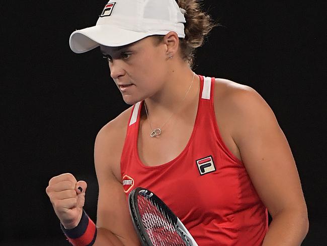 Ashleigh Barty of Australia celebrates her win against Aryna Sabalenka of Belarus  during round one, on day two of the Australian Open tennis tournament, in Melbourne, Tuesday, January 16, 2018. (AAP Image/Tracey Nearmy) NO ARCHIVING, EDITORIAL USE ONLY